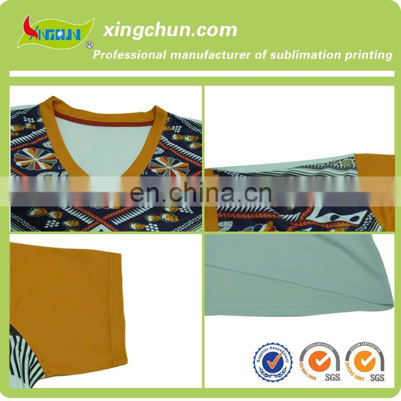 wholesale national style men's v-neck dye sublimation printed T shirt made in china