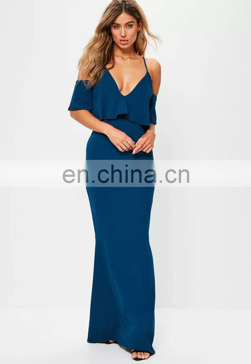 Chic Style Blue Strappy Frill Fishtail Long Maxi Dress