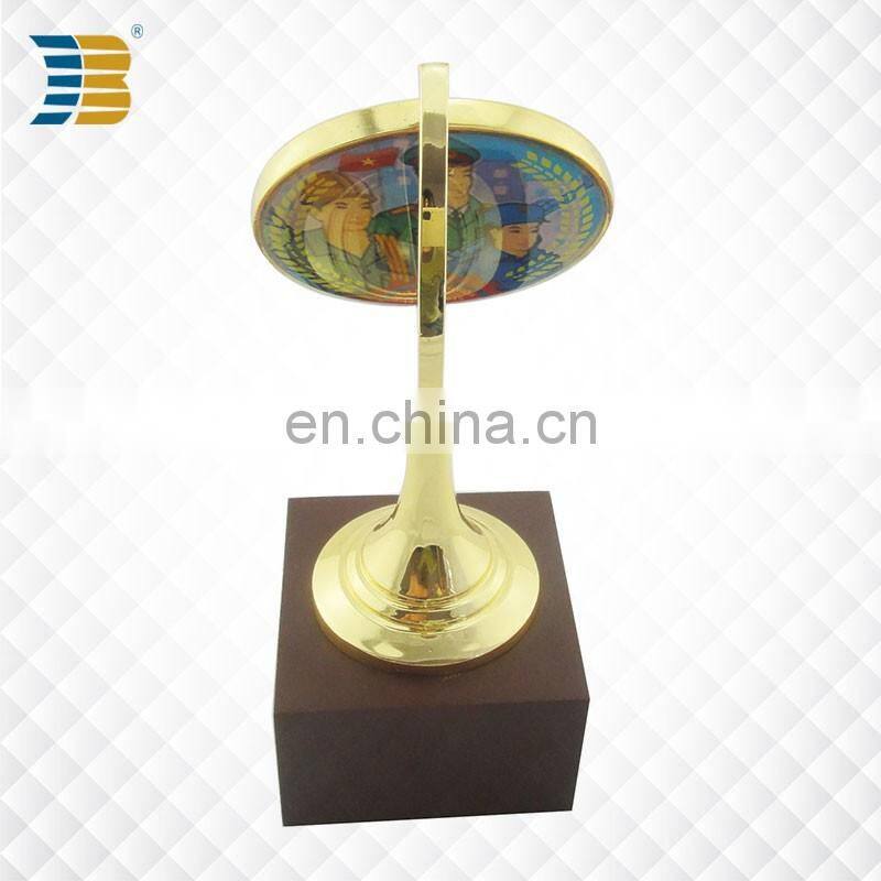 Vietnam custom gold plated enamel trophy with wodden base