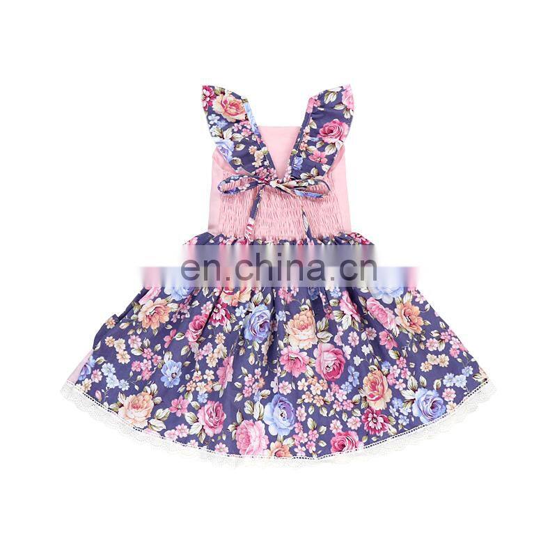 Vintage princess dress flutter sleeve cross back floral printed fancy baby girl summer dress