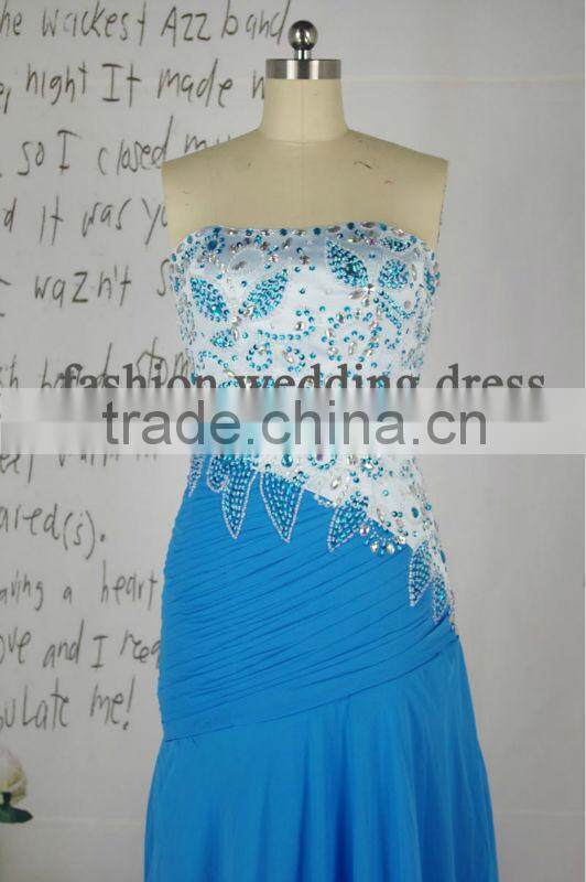 2013 Gorgeous Real Blue Chiffon Beaded Design Evening Dress