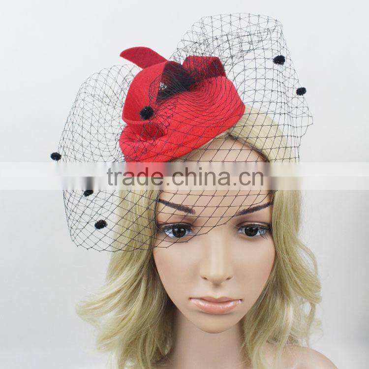 Hot Sale!!!Fashion Ladies Design Veiling And Red Wool Felt Hat