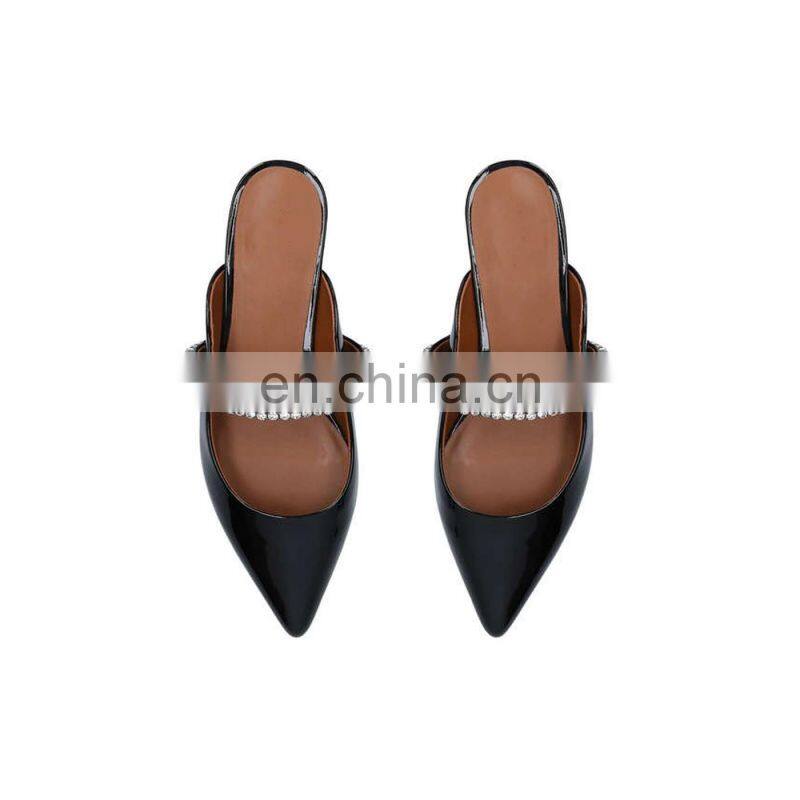 Black latest fancy flats women rhinestones attractive color design ladies flat patent leather handmade sandals shoes