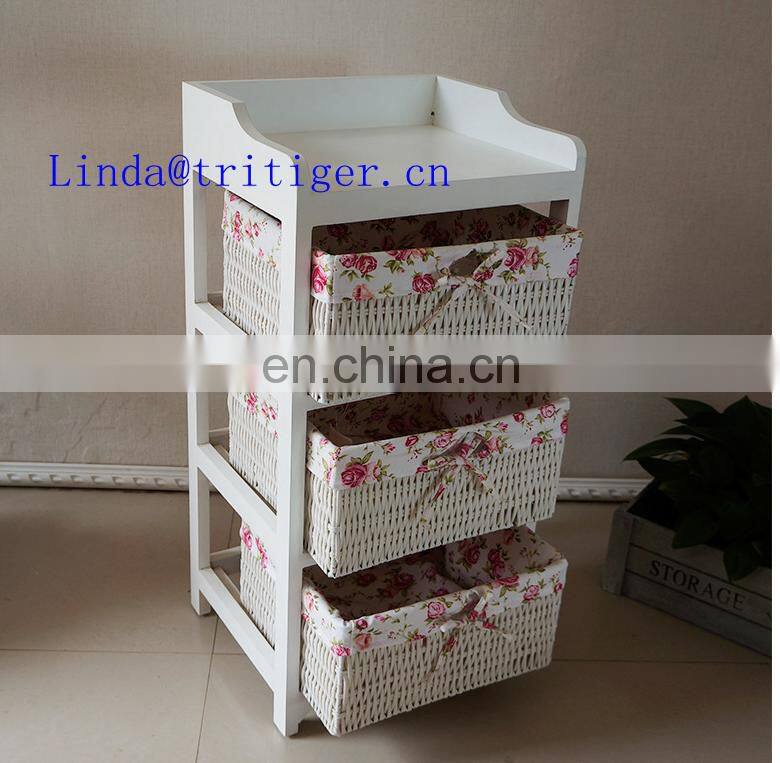 white home funiture solid wood storage cabinet with wicker drawers willow basket