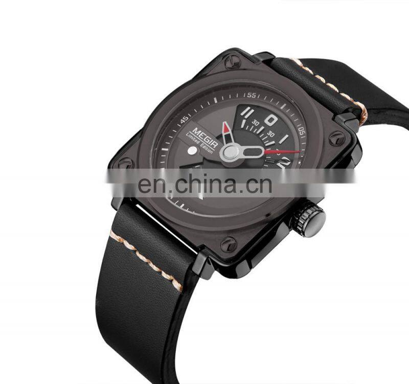 Megir 2040 Men's Square Leather Strap Quartz Watches with Calendar Date Waterproof Wristwatch Clock