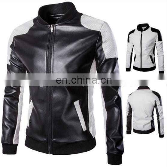 Fashion Men Stand Collar Zipper Leather Jacket Motorcycle Leather Jacket Coat