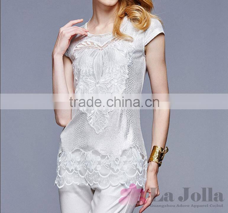 Lastest Summer Fashion Ladies Lace macrame short sleeves T-shirt 131