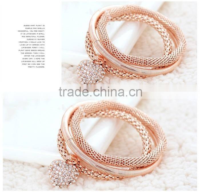 Fashion gold rose gold plated rope zinc alloy rhinestone heart pendant charm bracelet