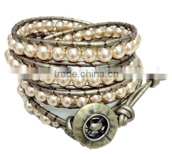 Blue Lapis Wrap Bracelet on Natural brown Leather with Silver tone nugget beads