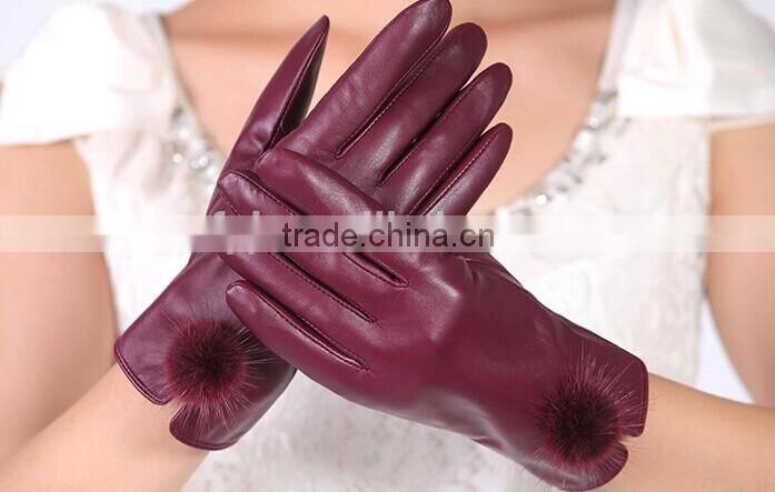 New style women red color sheepskin leather gloves with rabbit fur