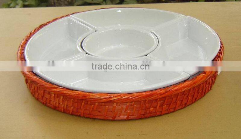 Lacquer round tray, woven rattan tray, bamboo serving tray