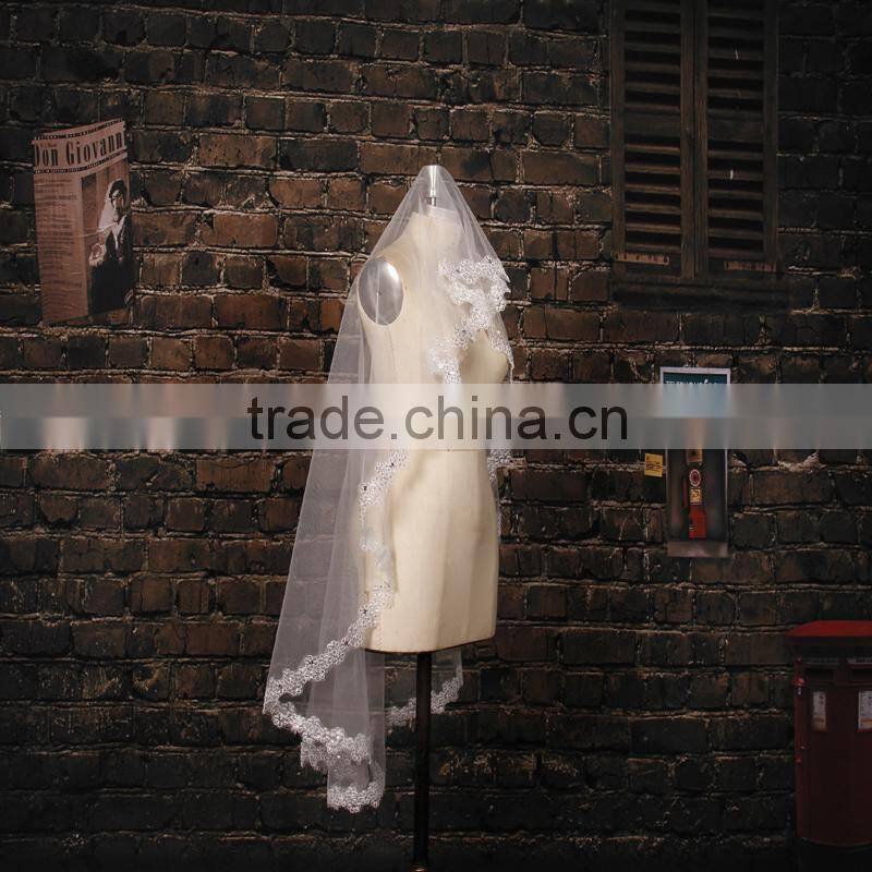 BV1009 2015 New Real Photo Simple Short Wedding Veil Lvory One Layer Lace Purfle Bride Veil