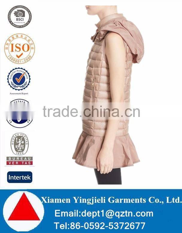 Hot Selling Newest Design Women Water Resistant Peplum Hem Hooded Down Puffer Vest