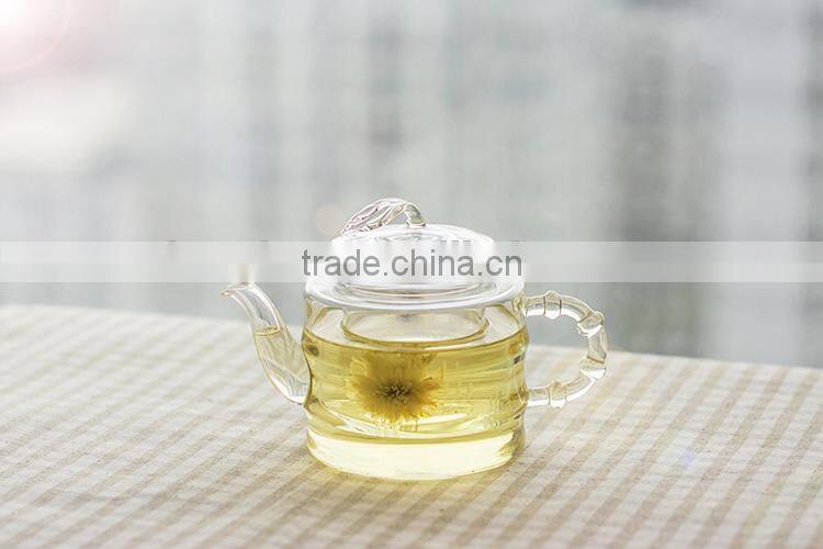 Bamboo shaped Heat- Resisting Borosilicate Glass Teapot with leaf lid+ 4 Double wall tea cups