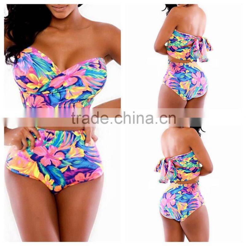 YH7088 Best selling high waist beachwear swimsuit printed bandage bikini set 2015 new plus size women sexy summer swimwear