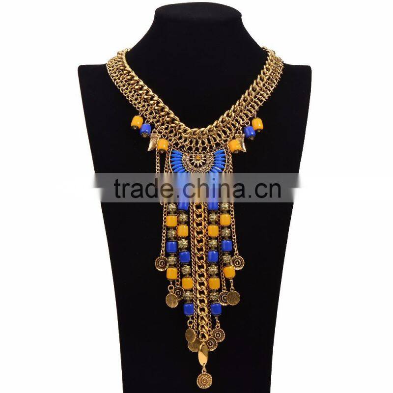 Factory Directly Wholesale New Arrive Bohemian Turquoise Coins Tassel Necklace Chunky Statement Necklace