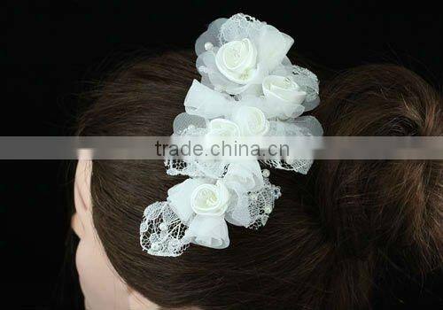 Bridal Handmade White Rose Satin Crystal Hair Comb CT1391