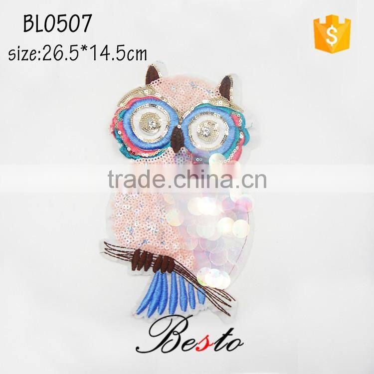 Factory custom large bird owl sequin applique for girl clothing