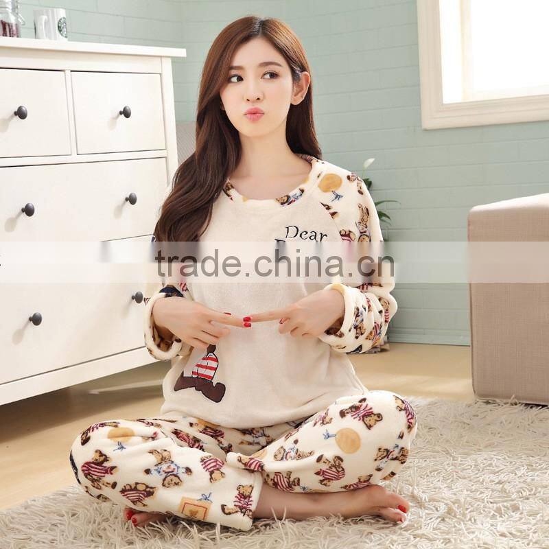 Wholesale Women's Pajama Suits Winter Thickening Coral Fleece Girl Pullover Sleepwear