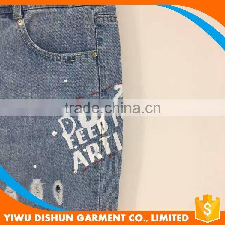 Women good quality fashion print worn brand blue jeans with holes