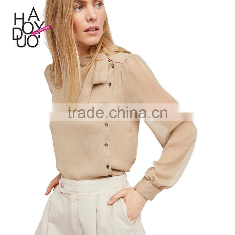 HAODUOYI Fashion Light Kahaki Women Blouse Neckline Lace-up Side Buttons Semi-sheer Lantern Sleeve Lady Tops for Wholesale