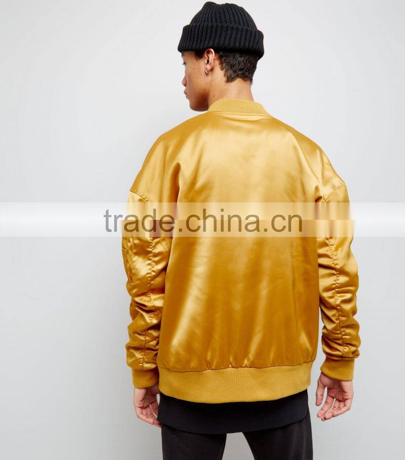 MGOO New Design Gold Oversized Bomber Jacket Drop Shoulder Customized Plain Satin Winter Jacket For Man