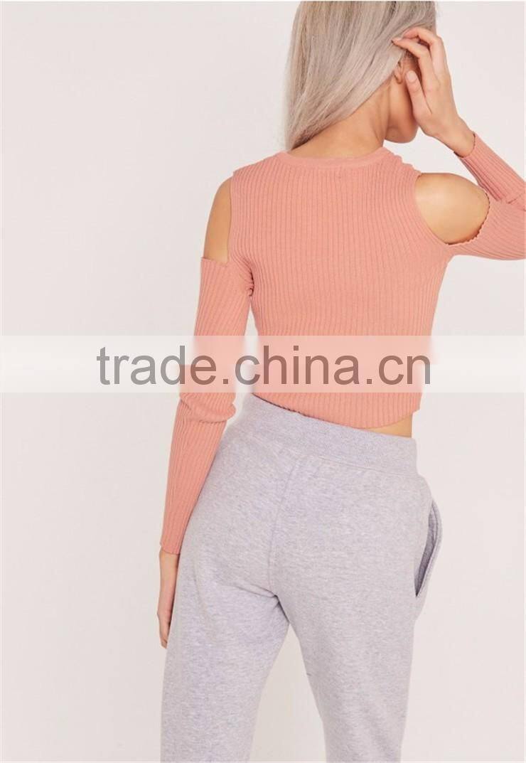 Women Silm Fit Plain Long Sleeve Knitwear High Collar Plain Sweater Cold Shoulder Knitted Crop Top Orange