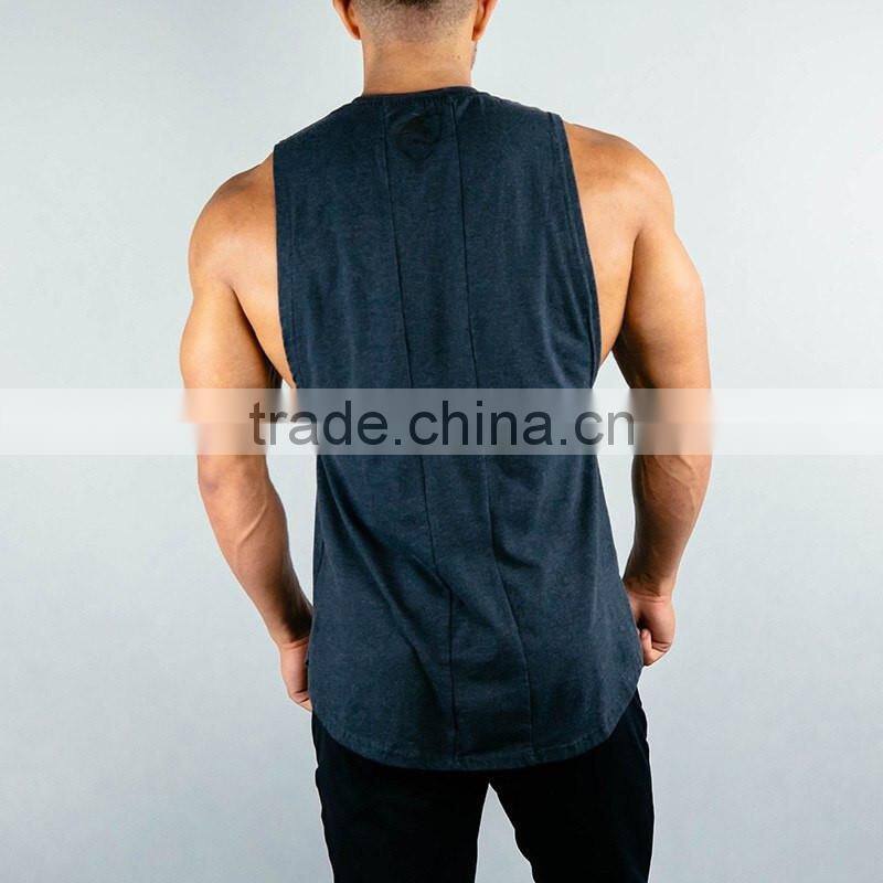 Soft Cotton Elastane blend Gym Fitted Muscle Tee Fashion Design Cut Off Shirt High Neck Curved Hem Tank Top