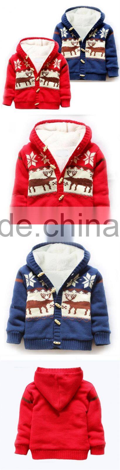 Fashion kids knitted Christmas coats boys blue button hooded sweater coat