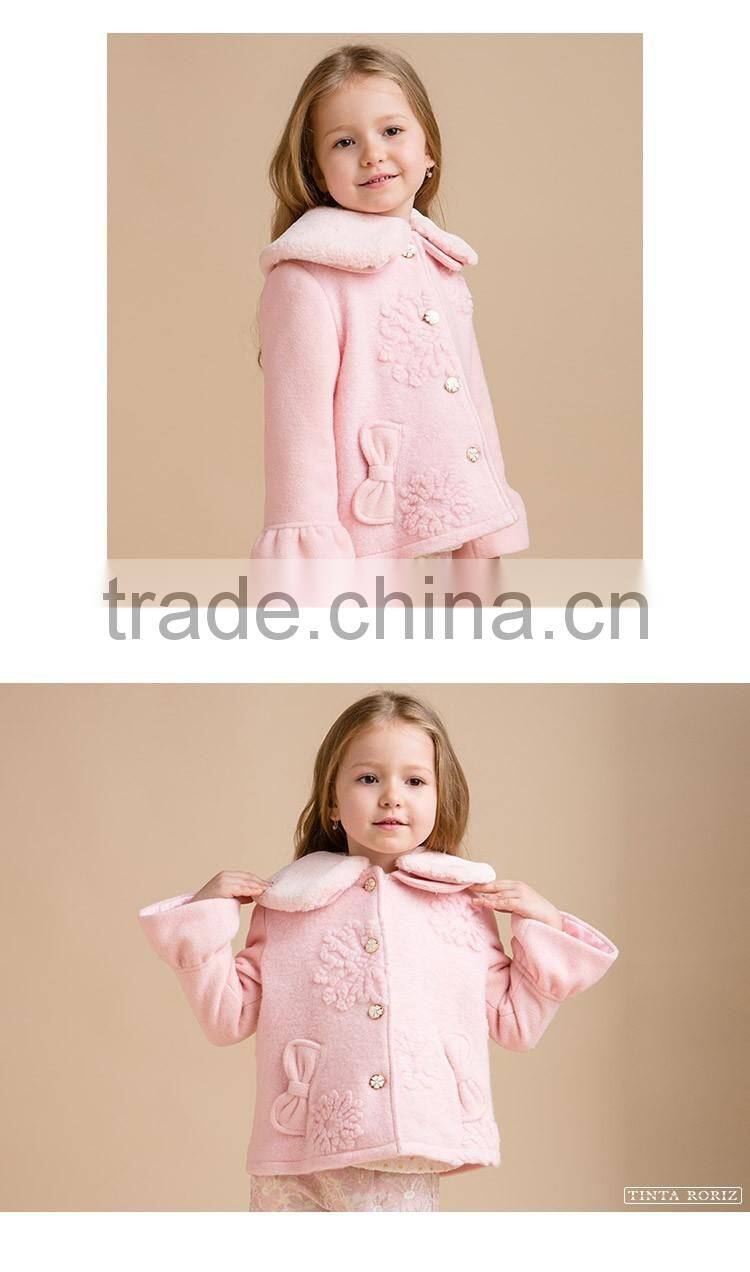 Girls Winter Coat Jacquard Woolen Outwear With Puff Sleeve Designs For Girl Kids Clothes Wholesale