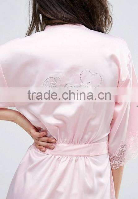 Customize ladies luxury silk satin knee length robe, Bridesmaid Lace Trim Kimono Robe