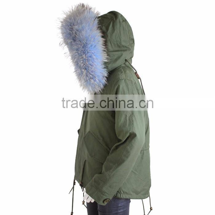 Myfur Fashion Adults Unisex Parka with Wolf Fur Lining Dyed Raccoon Fur Hooded Collar