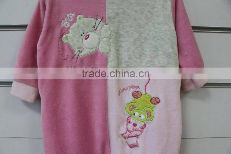 Fall and winter season velour baby footie romper with animal patch and embroidery