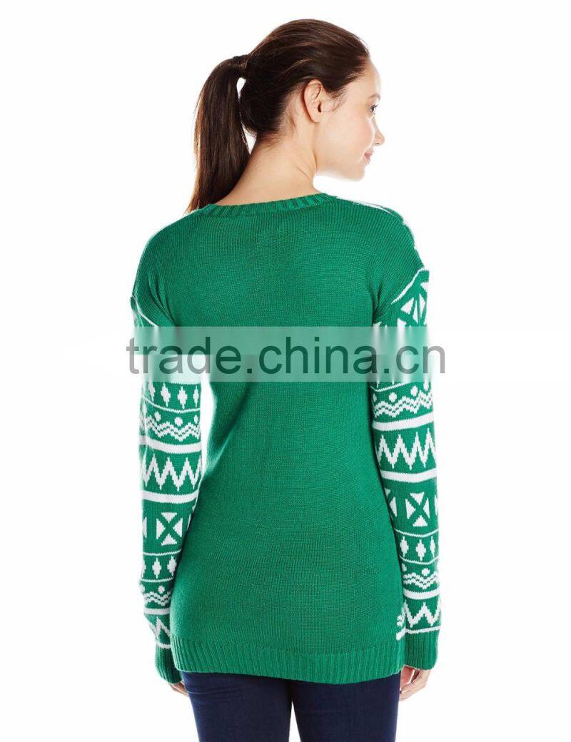 Women Green Sweater Rhinestone Embelished Snow Globe Design Christmas Sweater With Led Light
