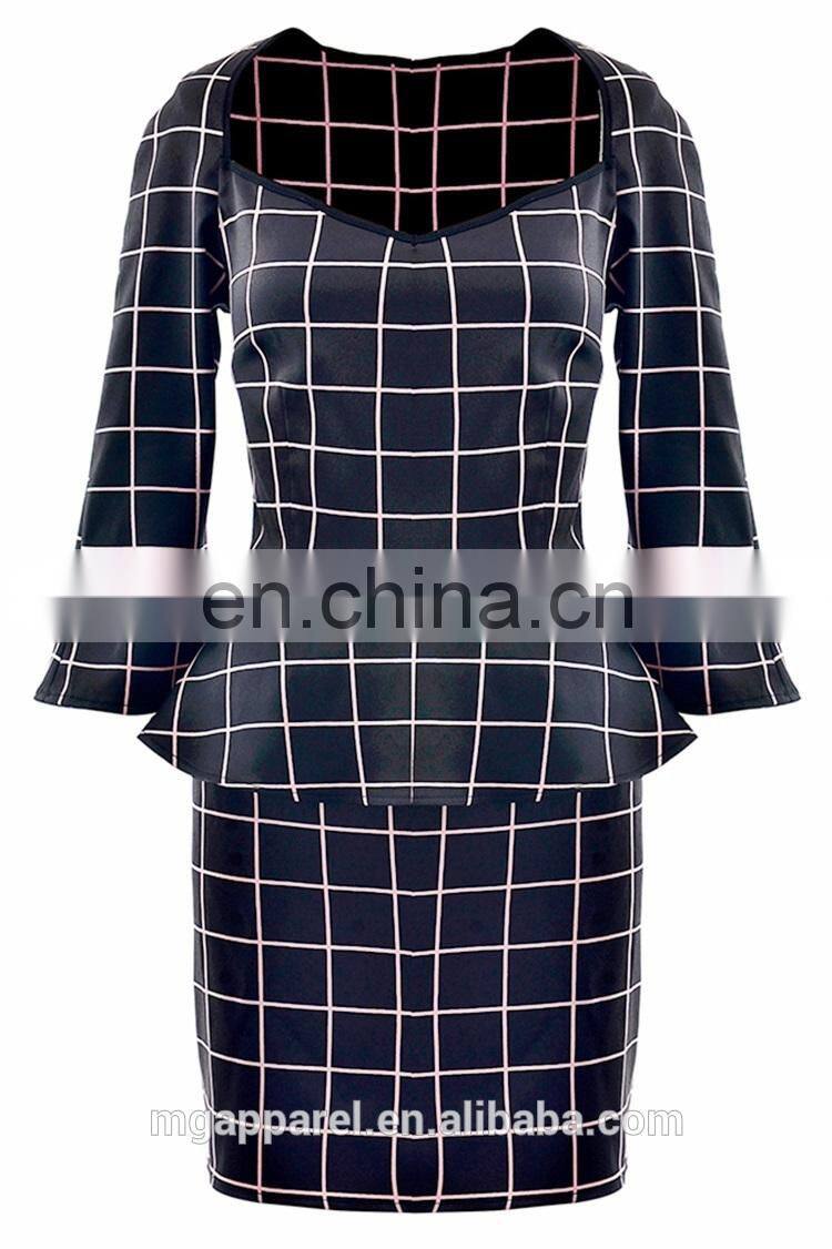 2015 new product elegant fancy windowpane plaid print women peplum dress long sleeve wholesale