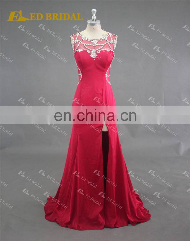 Real Sample Sexy See Through Back Beaded Side Slit Red Formal Gown Evening Dress