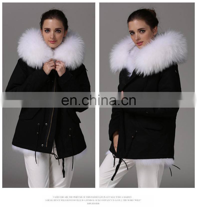 Fashion Women Black Jacket With Raccoon Collar And White Fox Fur Coat
