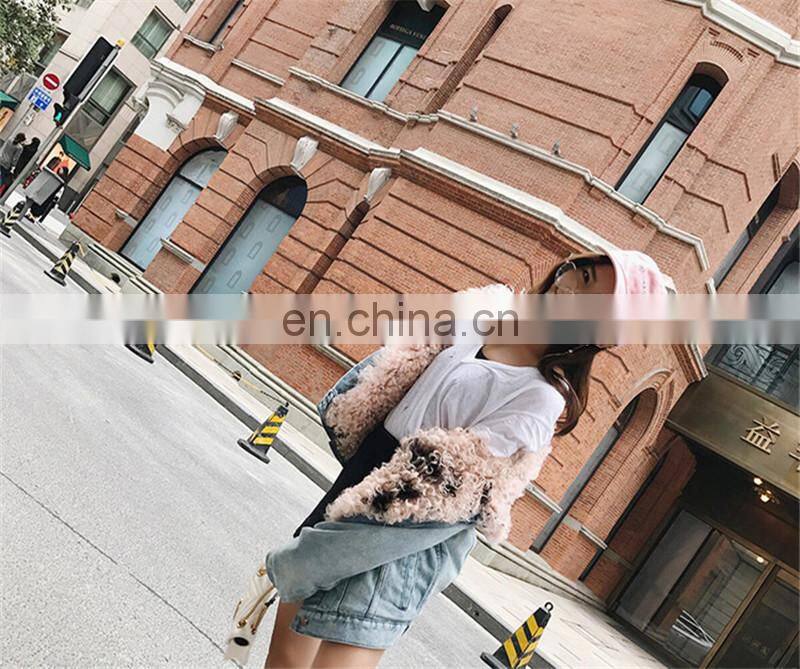 Fashion Wholesale Real Fur Lining Denim Jacket Women Lamb Fur Coat