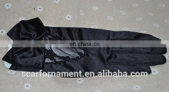 Newest Style Lace Wrist Length Satin Gloves Hollow Out Bows Full Finger Beaded Black Gloves For women