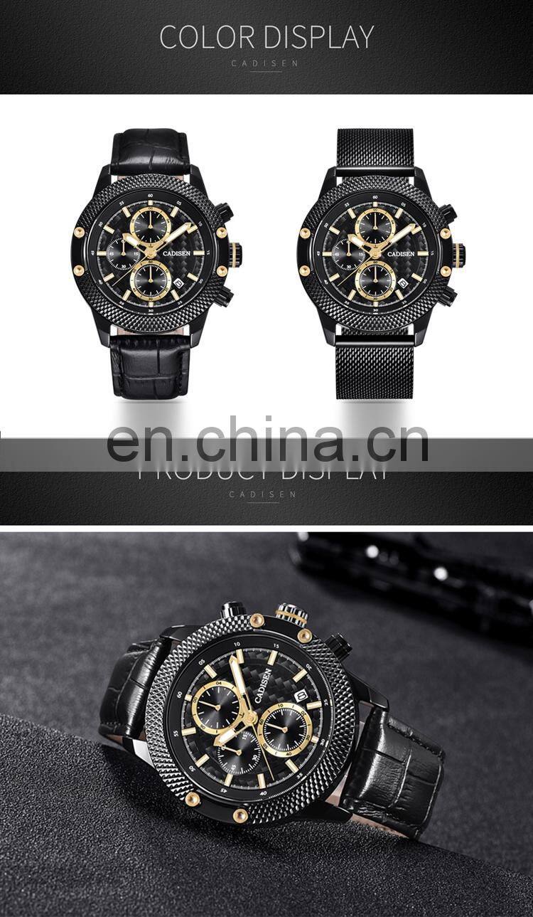 CADISEN C9062 Men sport casual analog quartz leather steel mesh strap week day high quality luxury watch