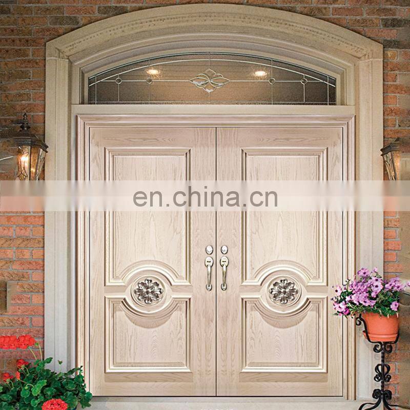 Exterior home double leaf wooden front entry doors american modern round arch top teak solid wood main front doors for houses