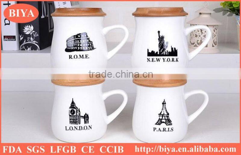 wooden mug ceramic cup with decal printing coffee mug ceramic cup with wooden lid and handles cheap mug