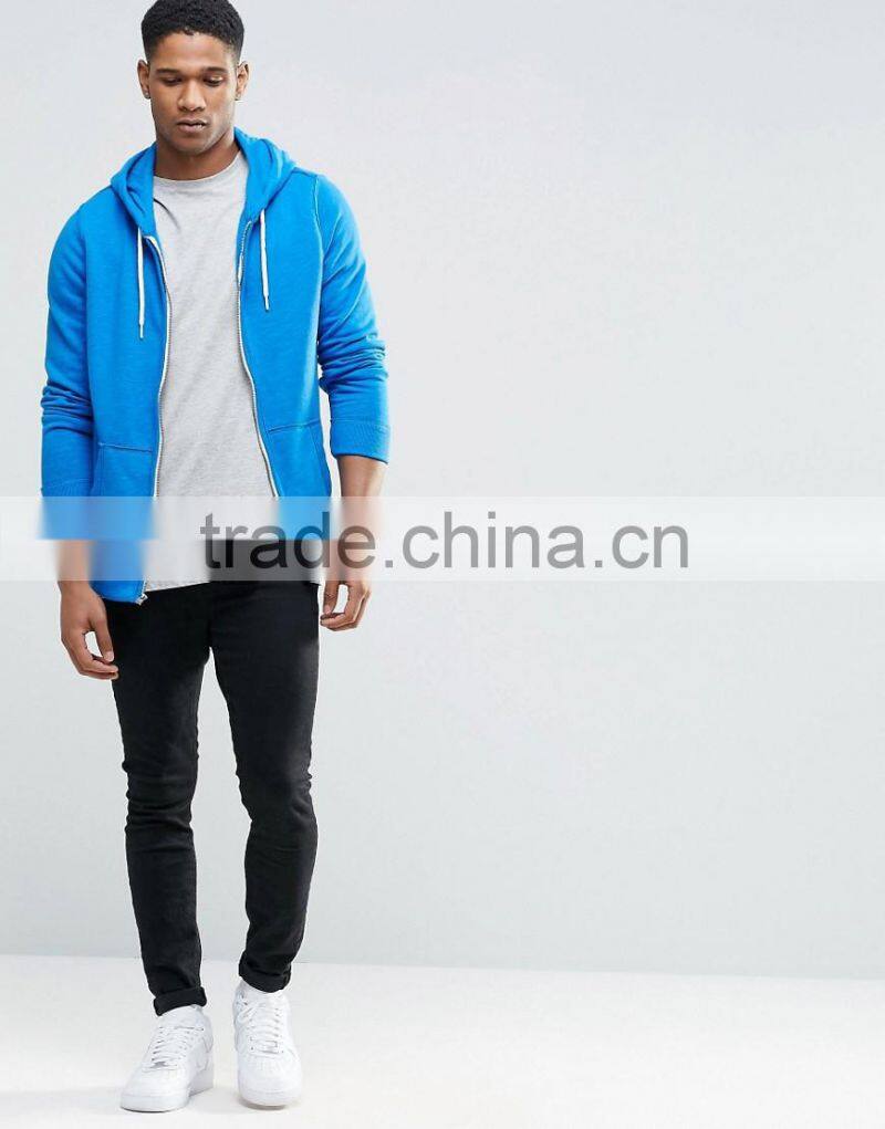 Leisure 100% cotton blue zip up with hood pocket custom made hoodies