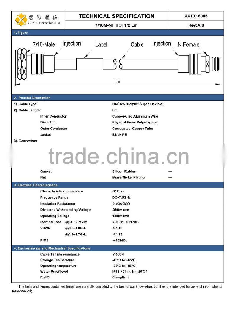 Din Male N female cable assembly 1/2'' super flexible for RF base station infrastructure
