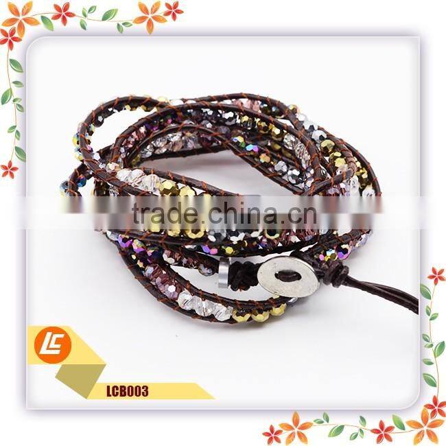 Latest Fashion Long Top Design Womens Leather Wraps Colorful Beads Bracelet