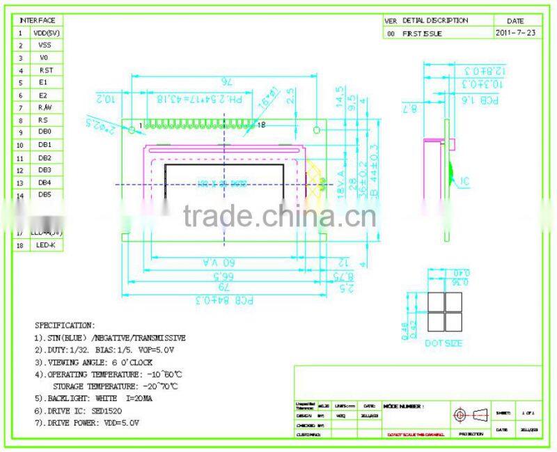 122x32 module display, blue STN,transmissive lcd display
