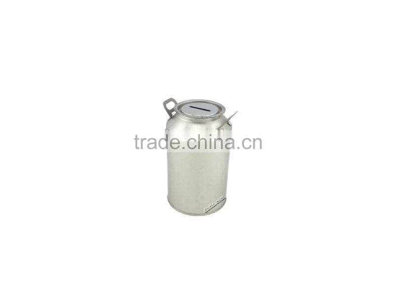 milk jug tin, metal milk jug, milk jug coin bank