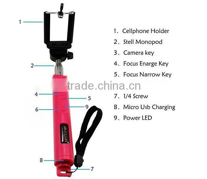 2015 New Arrival Wireless Bluetooth Selfie Stick Monopod With Zoom For iPhone and Android Phone