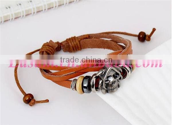 Custom leather braided bracelet with skull