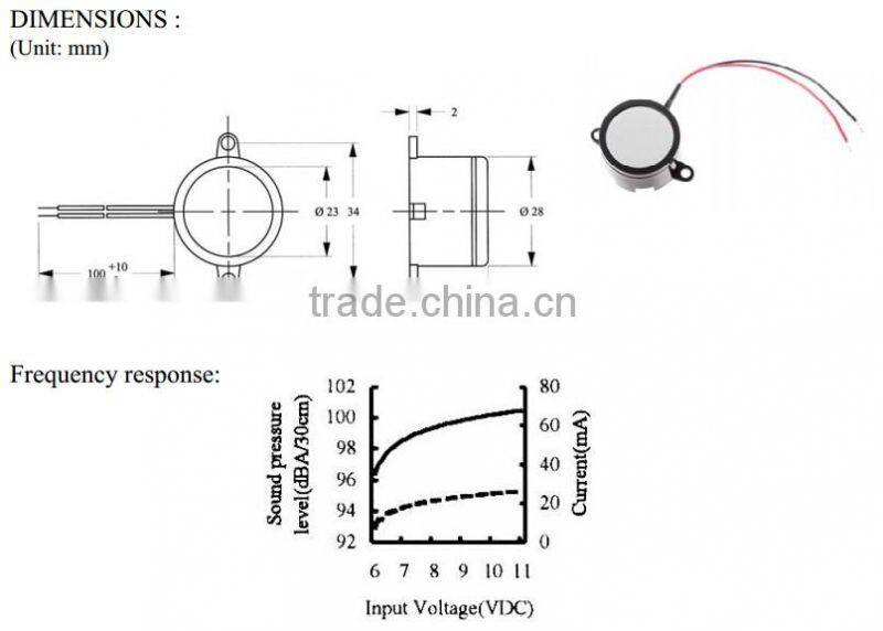 FB-28SW09-DT 9v small piezoelectric buzzer with cables and mounting tabs (FBELE)